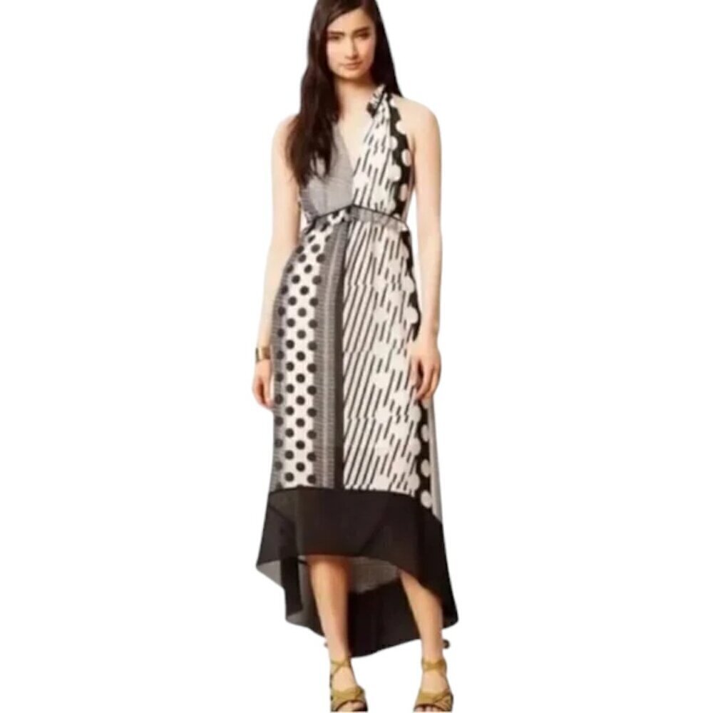 Anthropologie Maeve Halter Black Cream Dot Print Maxi Dress High Low Hem